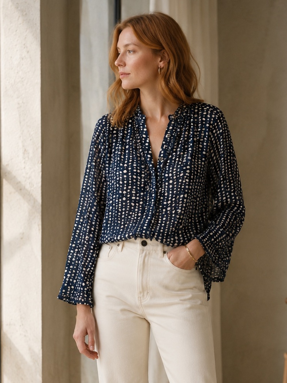 ’S Max Mara Uniparo Blue Cotton Print Ruffle Blouse Button Up Large